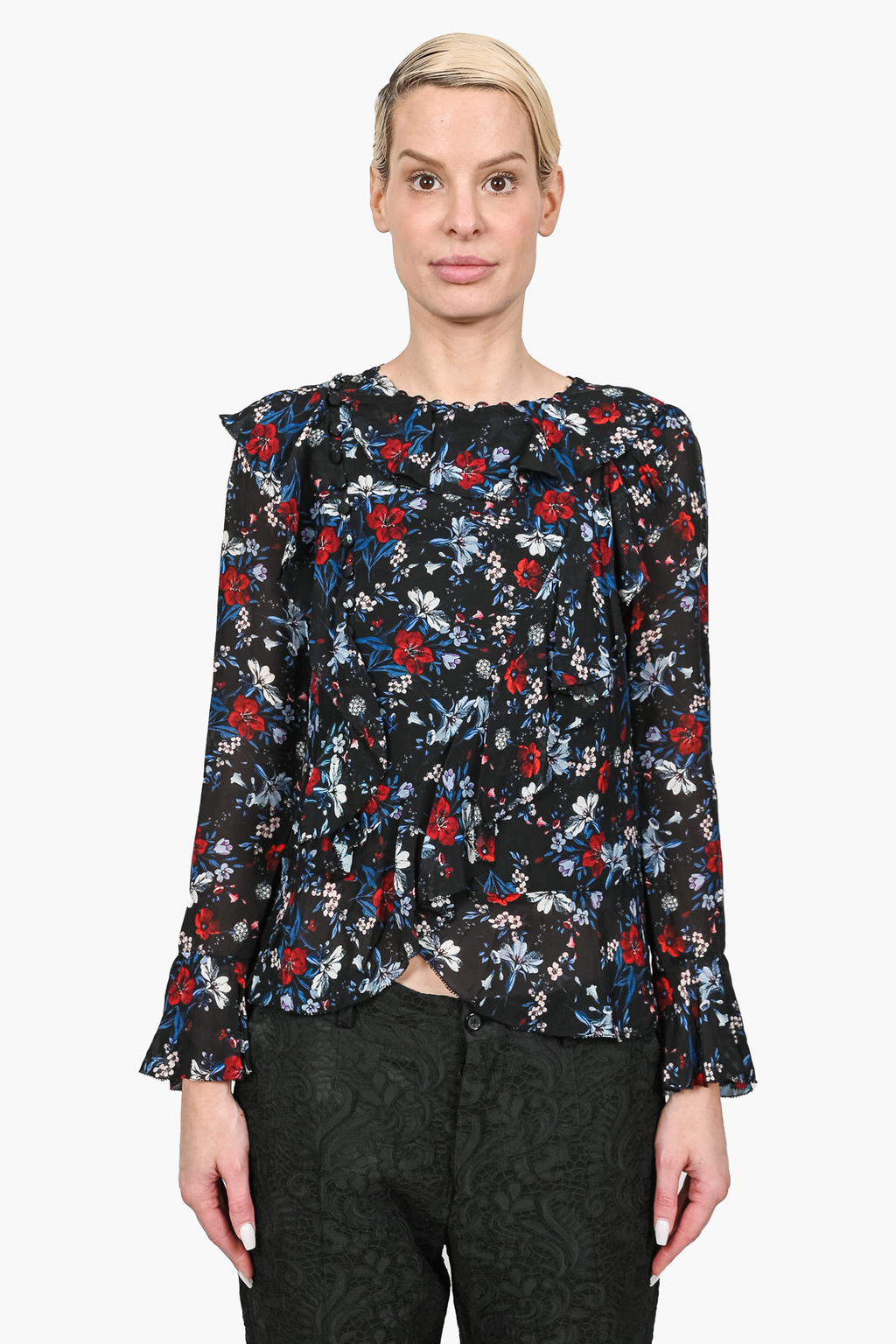 Erdem x H&M Navy Blue/Red Floral Silk Ruffle Blouse sz 4 – Mine