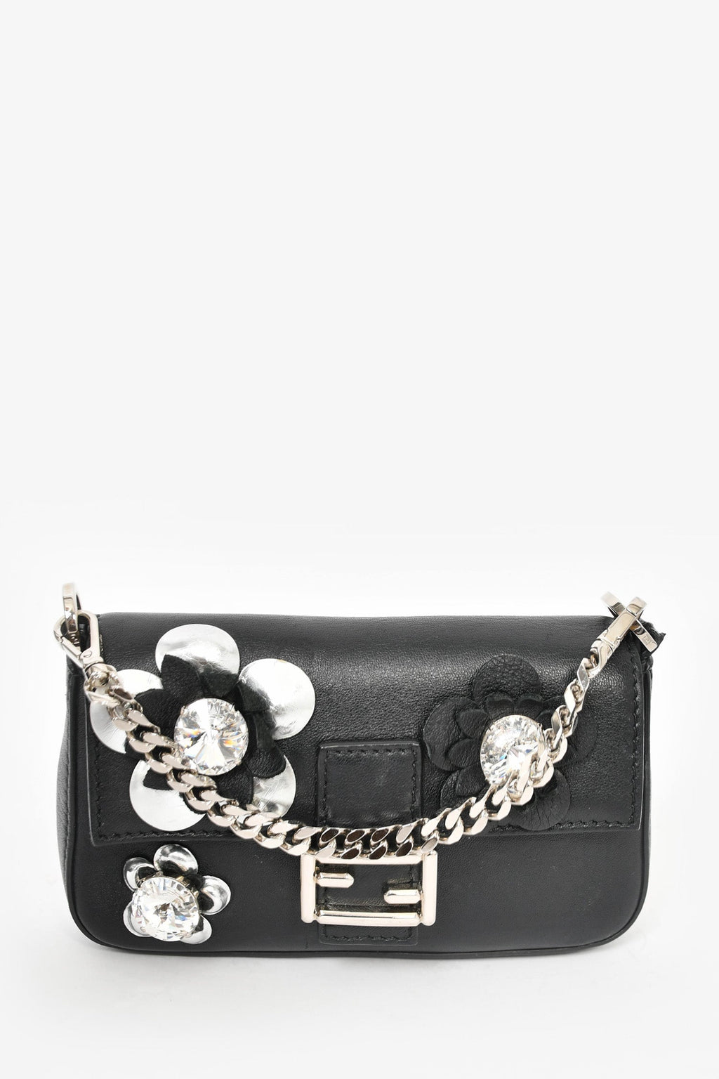 Fendi Black Leather Silver Floral Embellished Micro Baguette