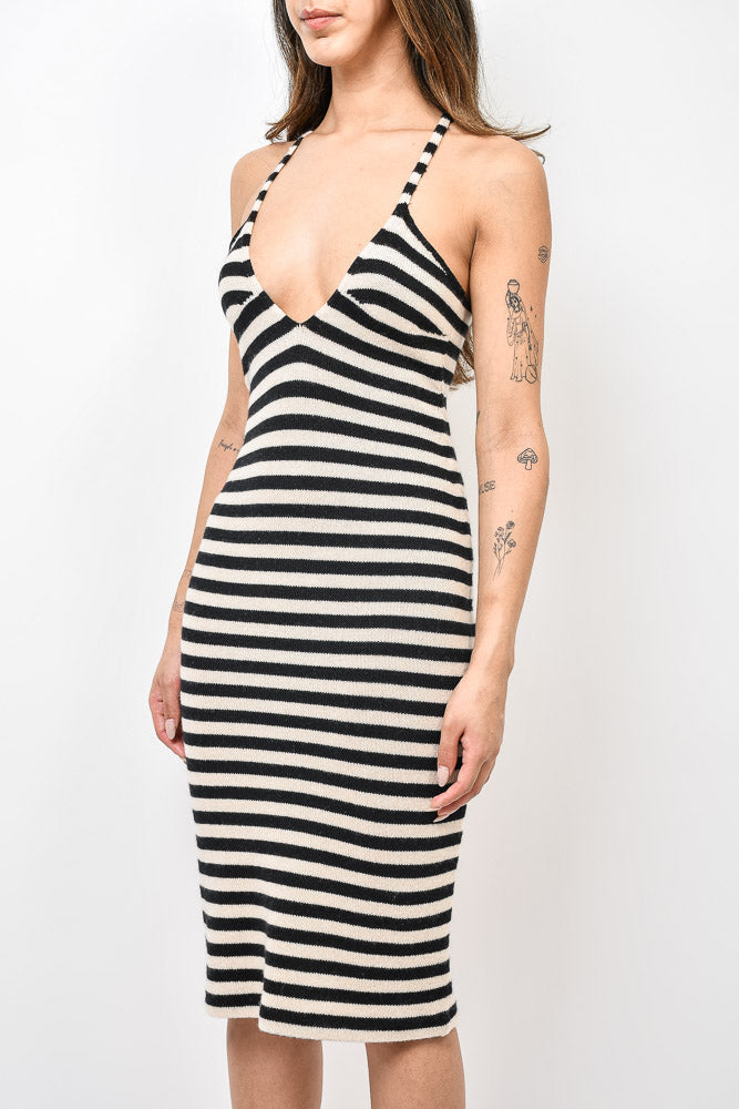 Khaite Cream Black Striped Cashmere George Cross Strap Midi Dress