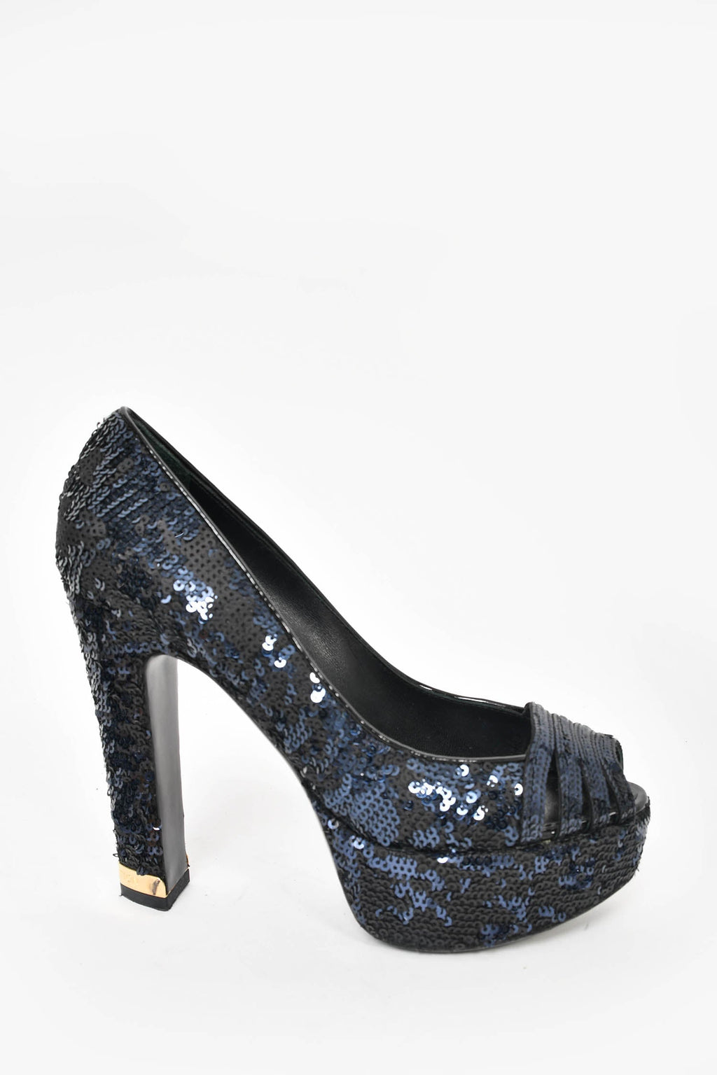 Louis Vuitton Navy Blue/Black Sequins Peep Toe Platform Pumps Size