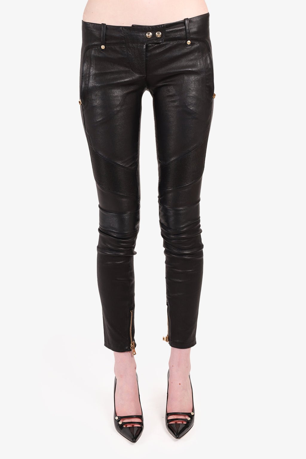 Women Motorcycle Leather Pants with Ribbed Detail