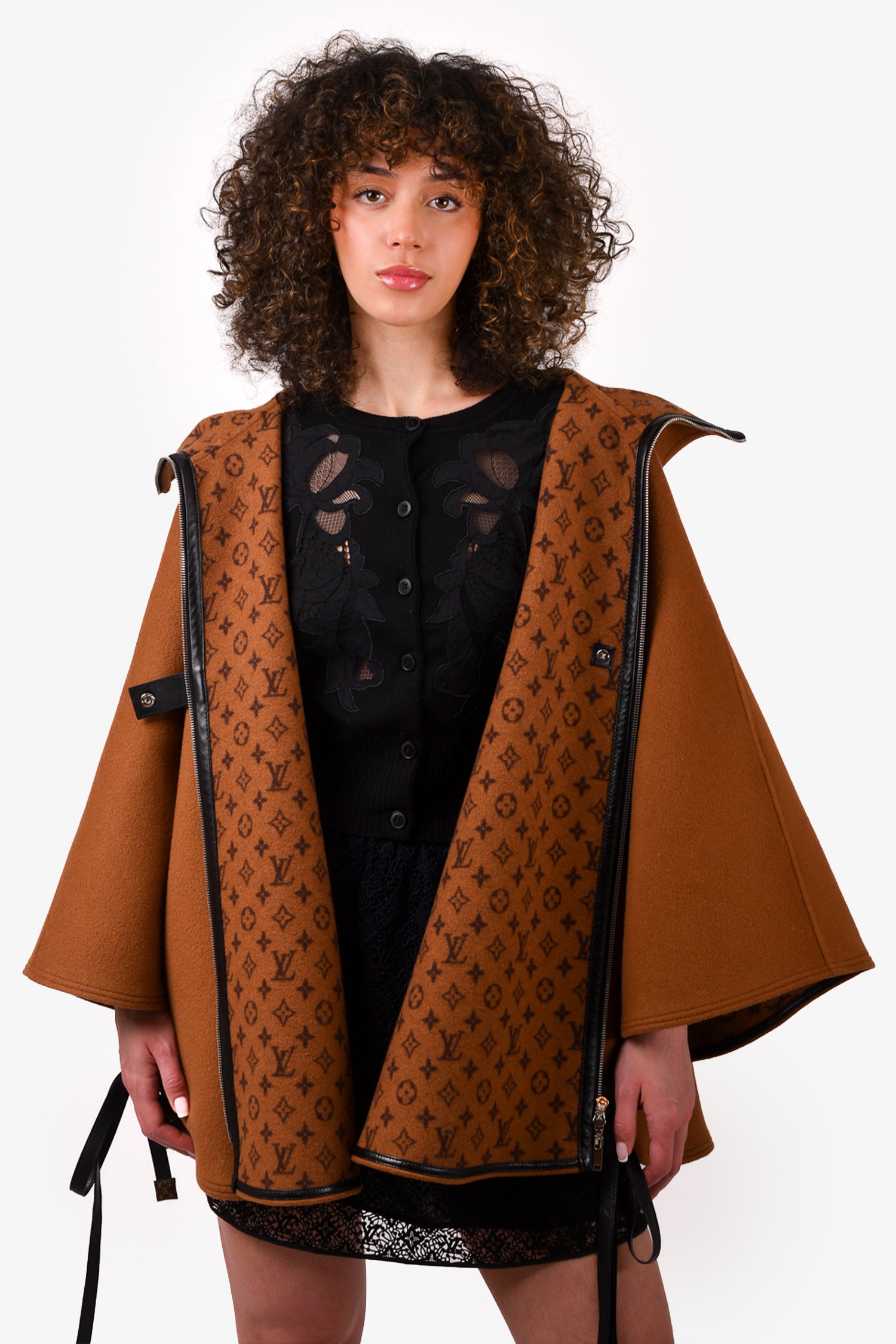 Louis Vuitton Brown Monogram Wool Hooded Cape with Leather Trim Size 40