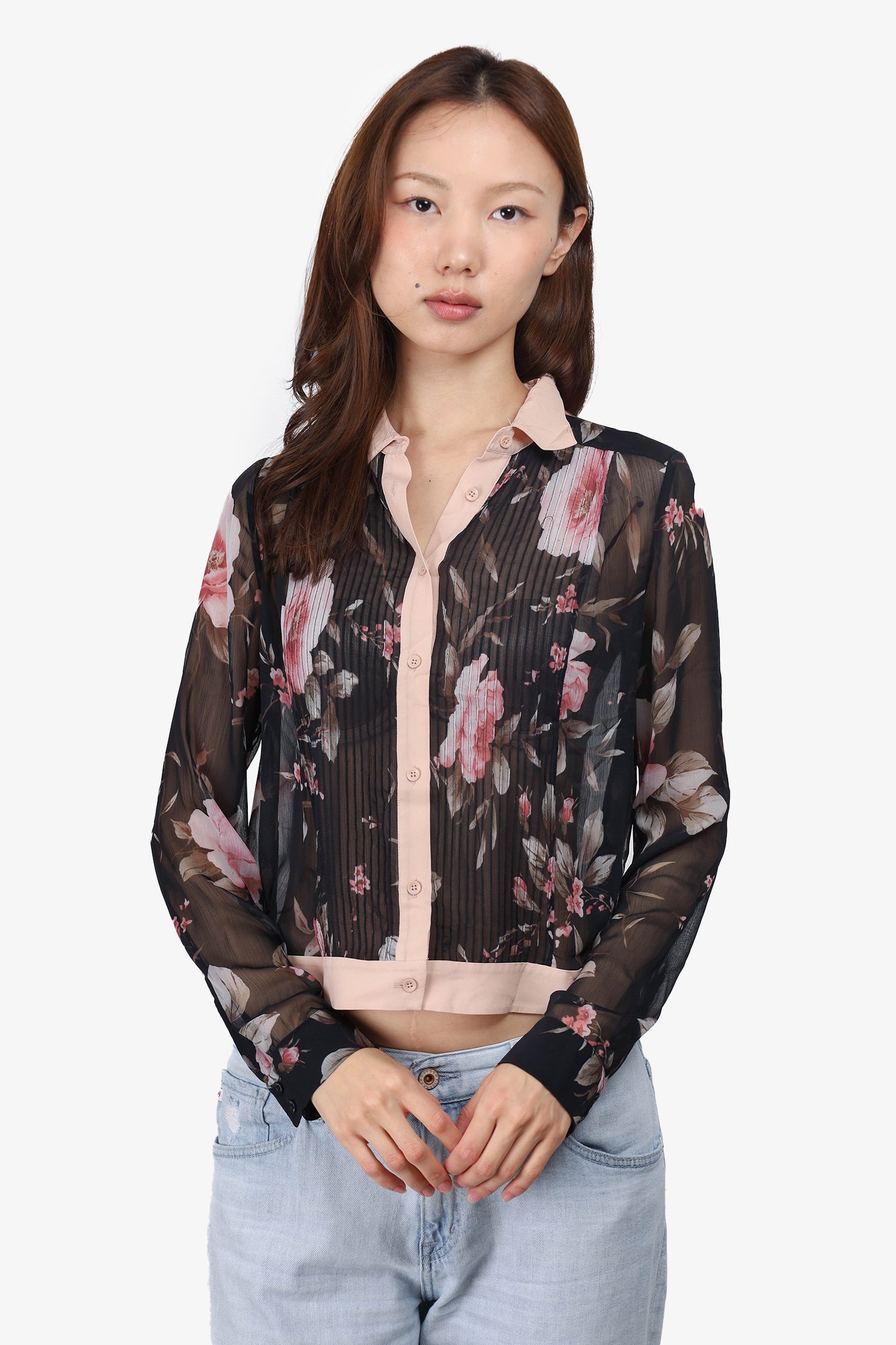 Alice + Olivia Briar Black Pink Floral Blouse top Silk Stretch