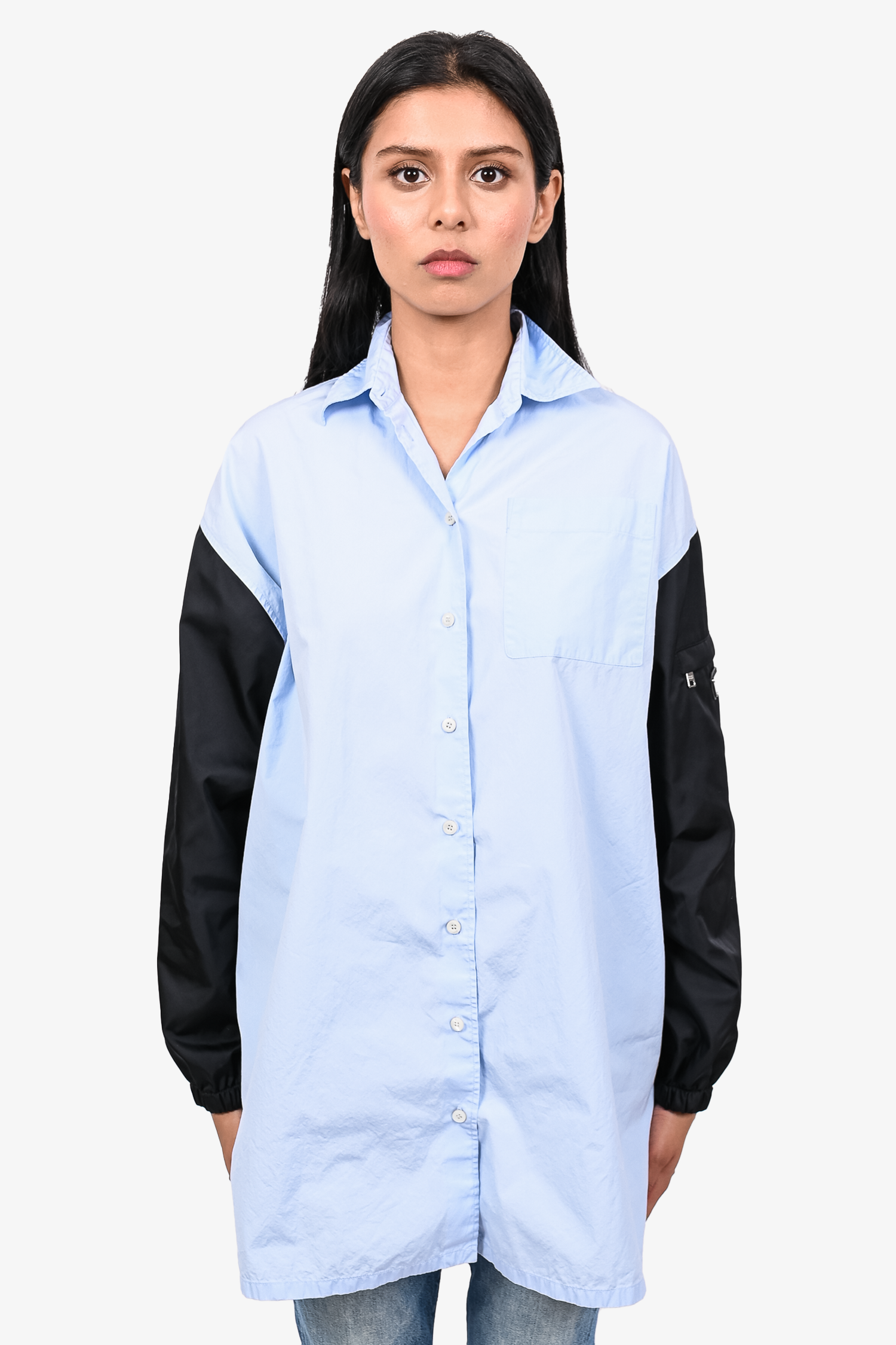 Prada Blue Cotton Poplin Shirt Dress with Black Re-Nylon Sleeves Size –  Mine & Yours