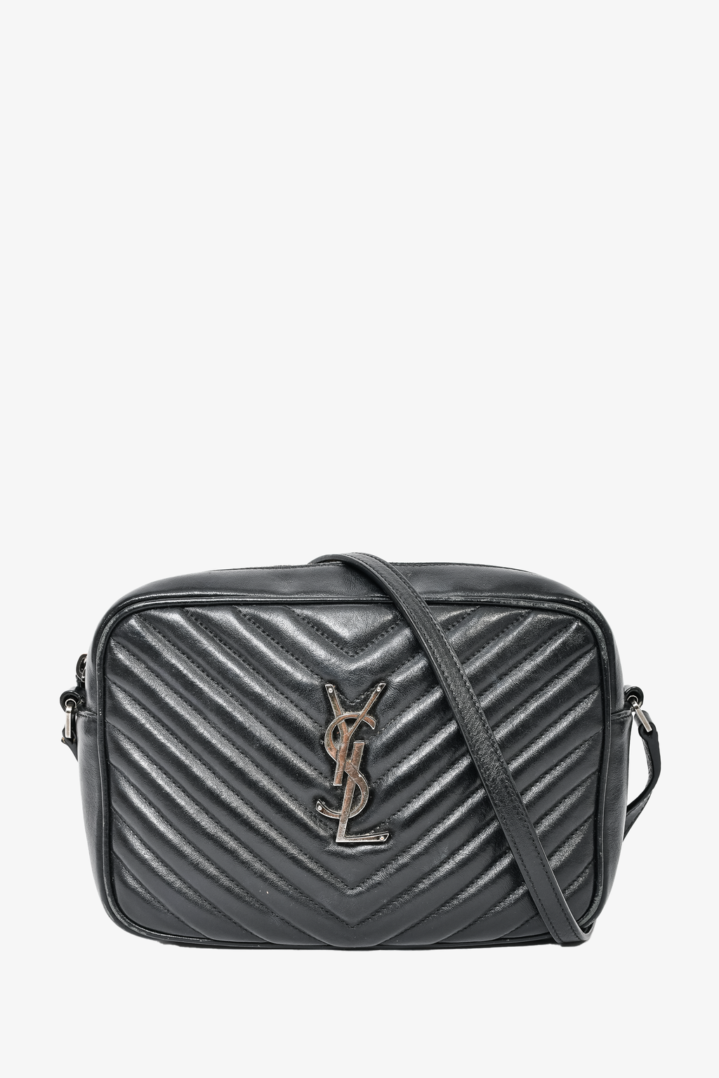 SAINT LAURENT Lou Croc-Embossed Camera Bag in Black Leather