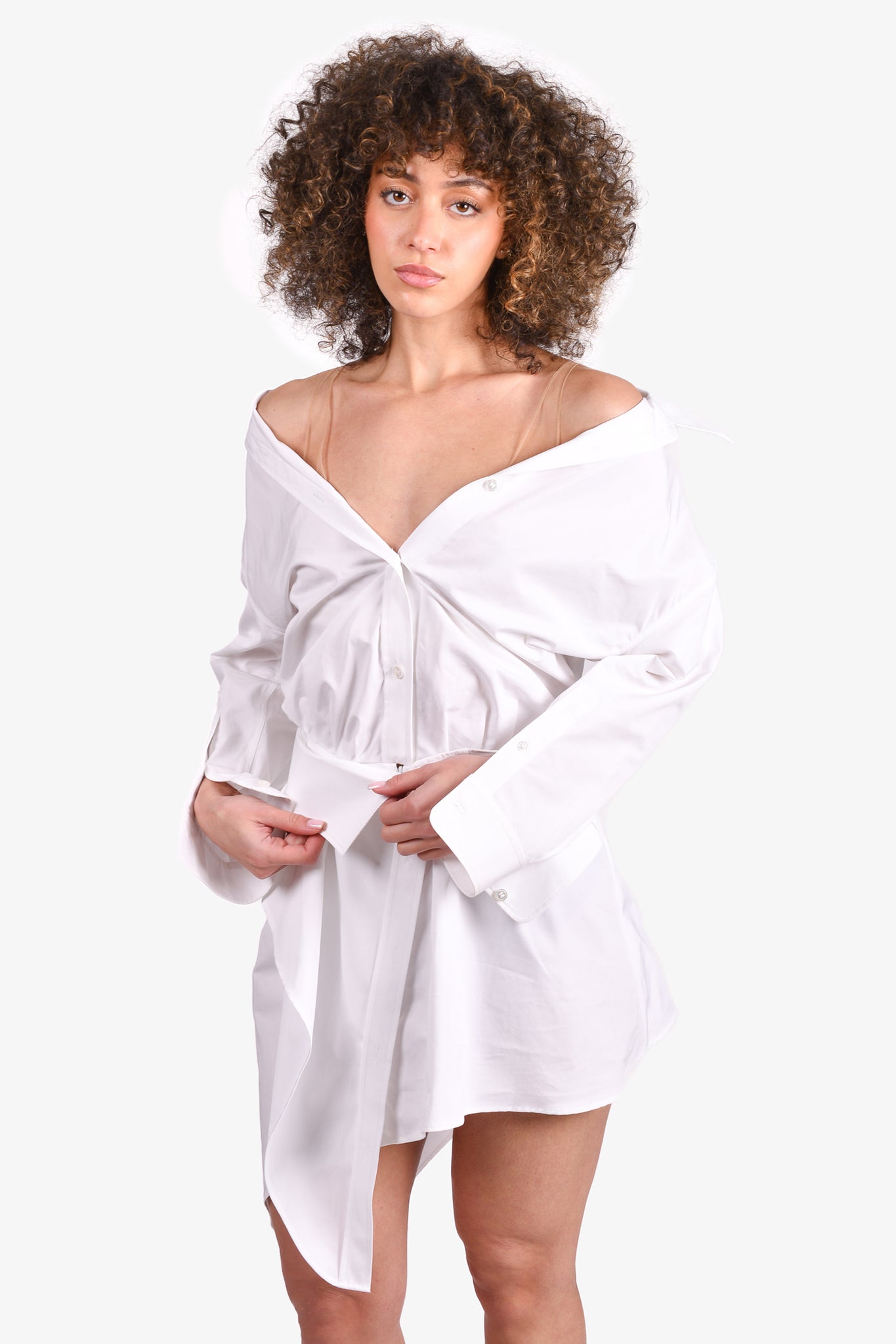 Alexander Wang White Cotton Poplin Cinched Waist Shirt Dress with Mesh  Lining Size 0