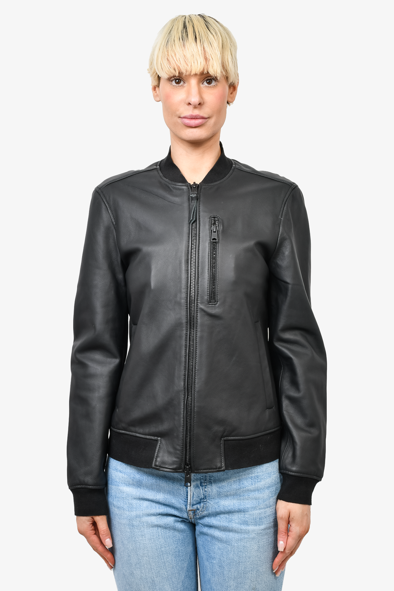 All Saints Black Leather Zip Up Bomber Jacket Size S Mine Yours