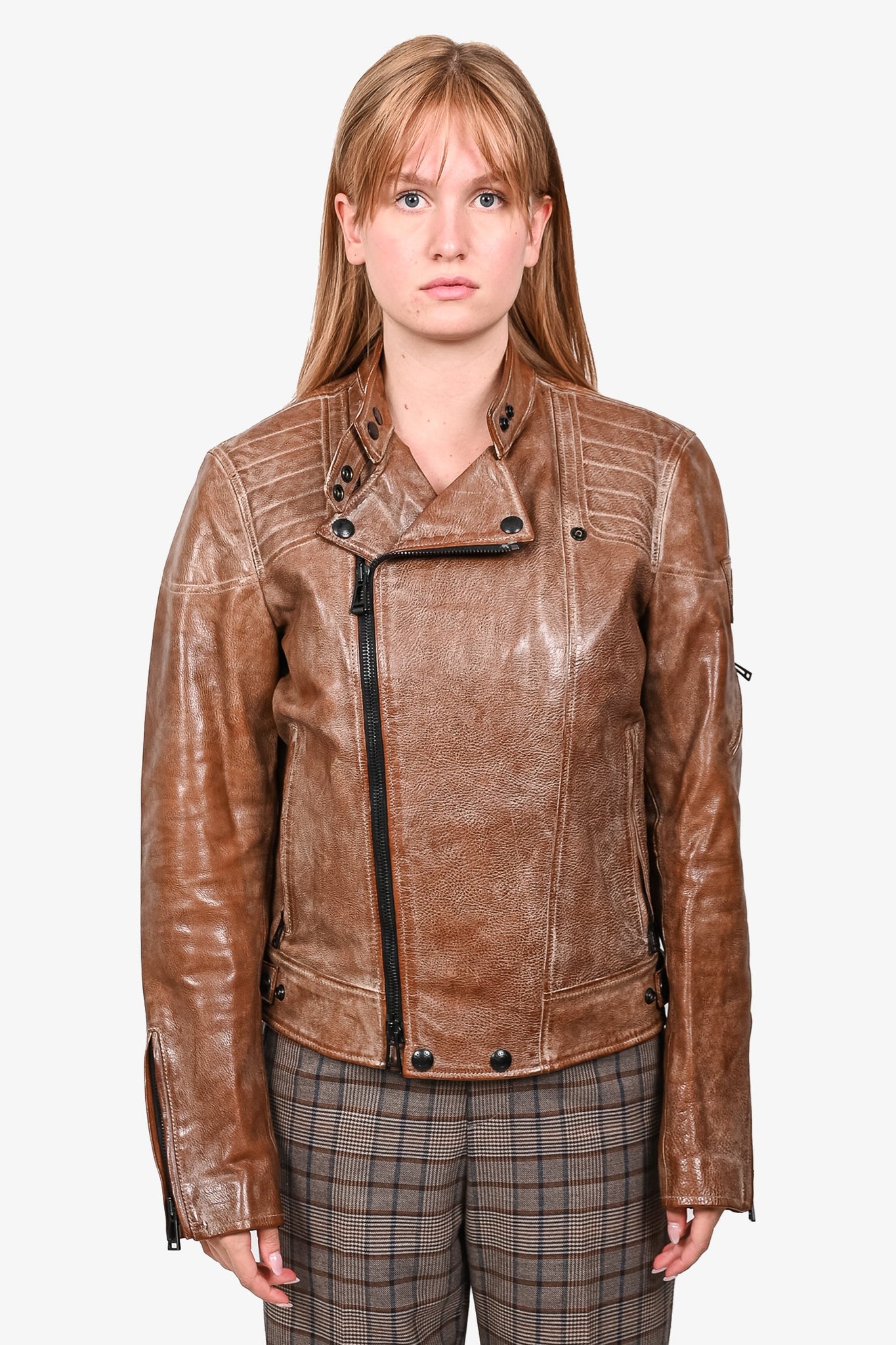 Belstaff Brown Leather Distressed Biker Jacket Size L – Mine & Yours