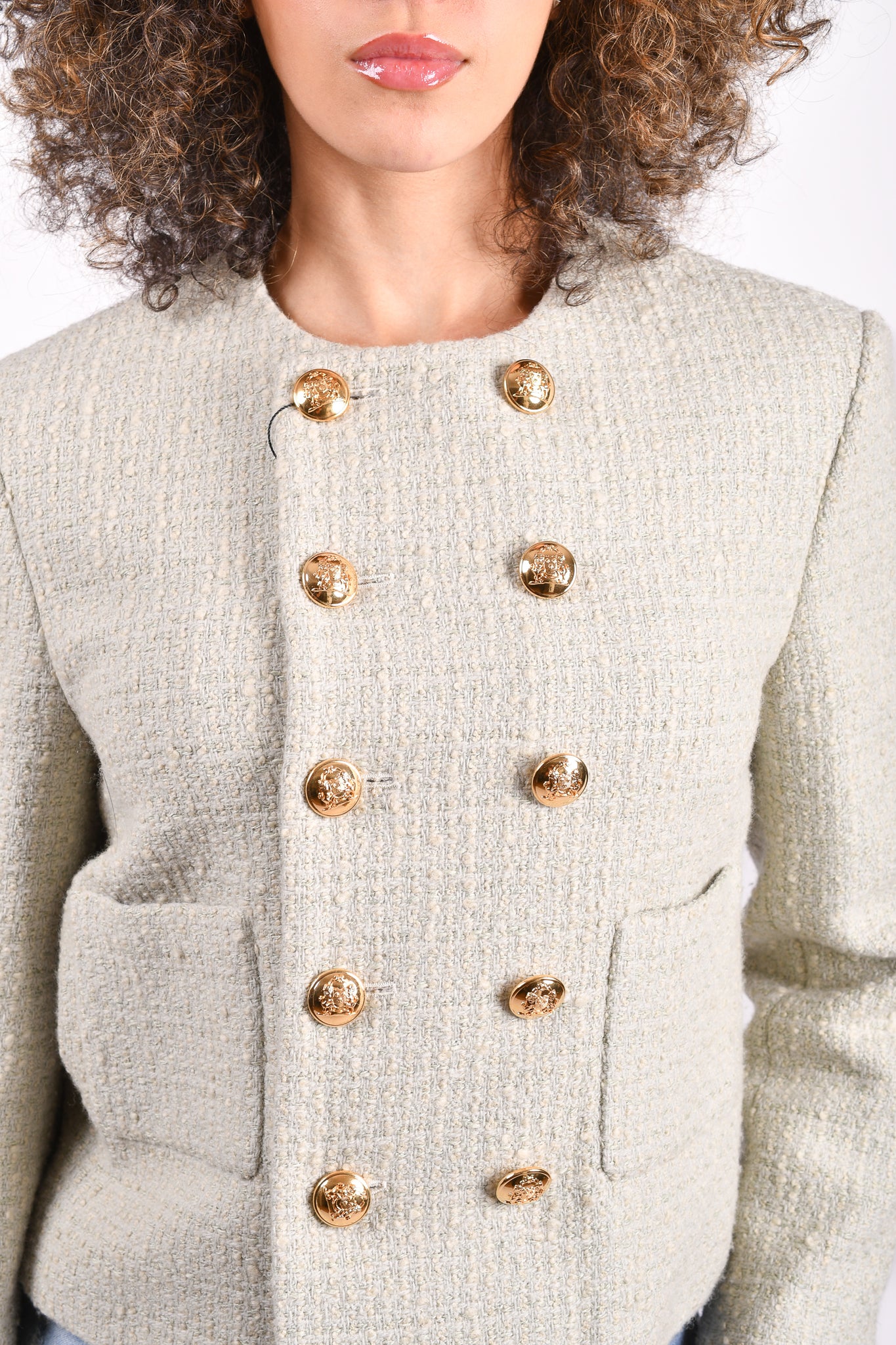 Celine 2021 Light Green Tweed Wool Button Detail Cropped Jacket