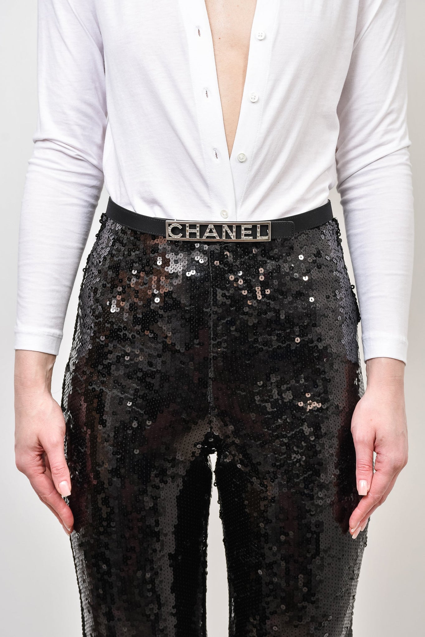 Chanel 2015 Black Ribbon Belt with Crystal Embellished Logo