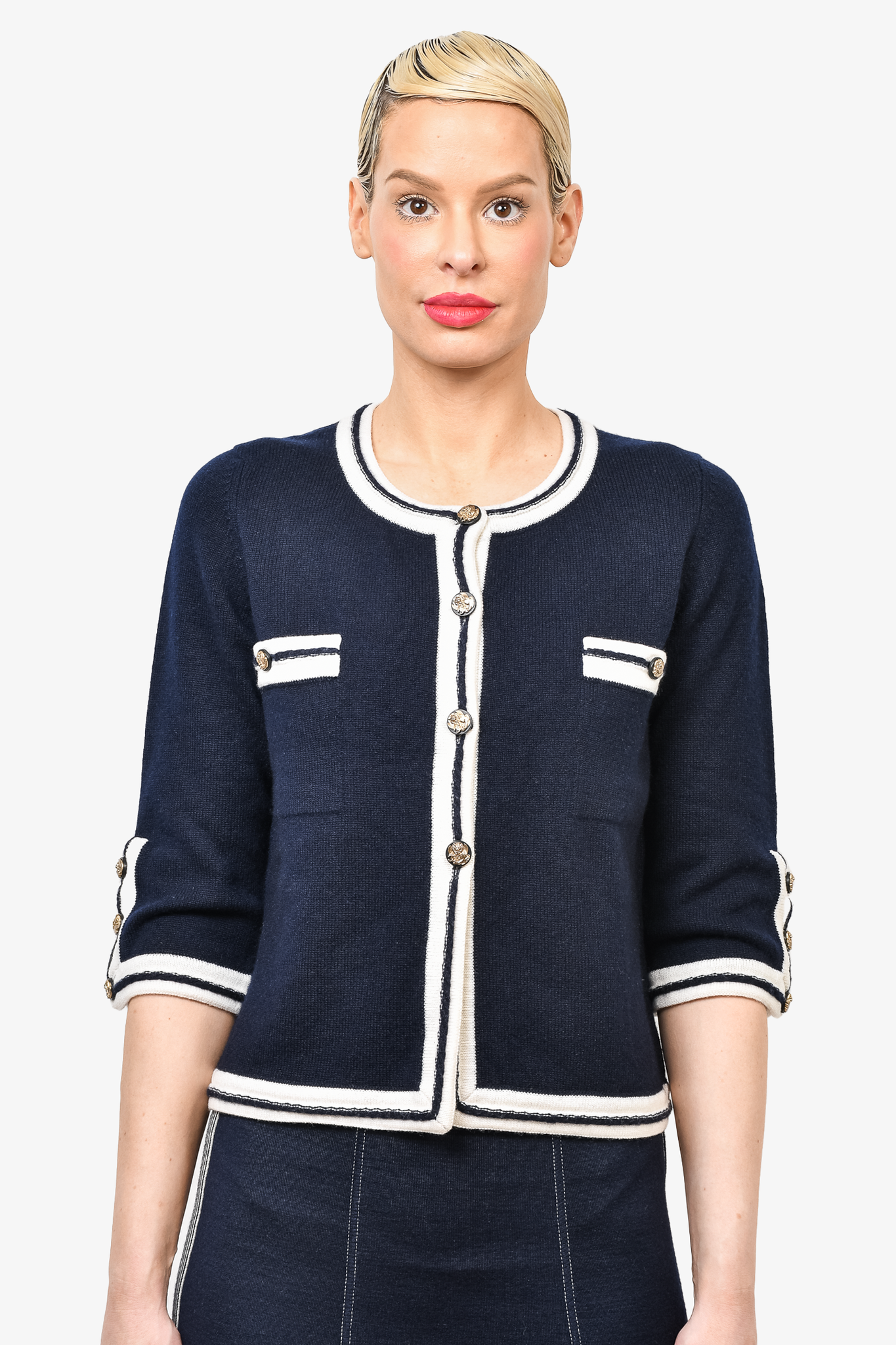 Chanel Navy Cashmere Cardigan with Cream Trim Size 42