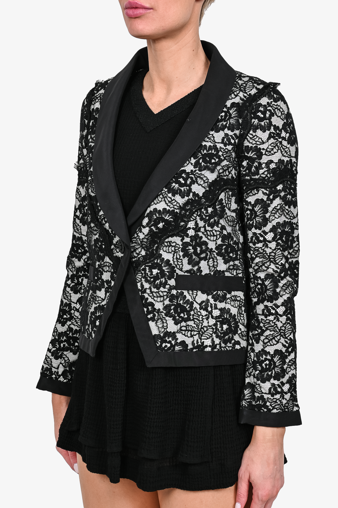 Chanel White Cotton/Black Lace Evening Jacket sz 38