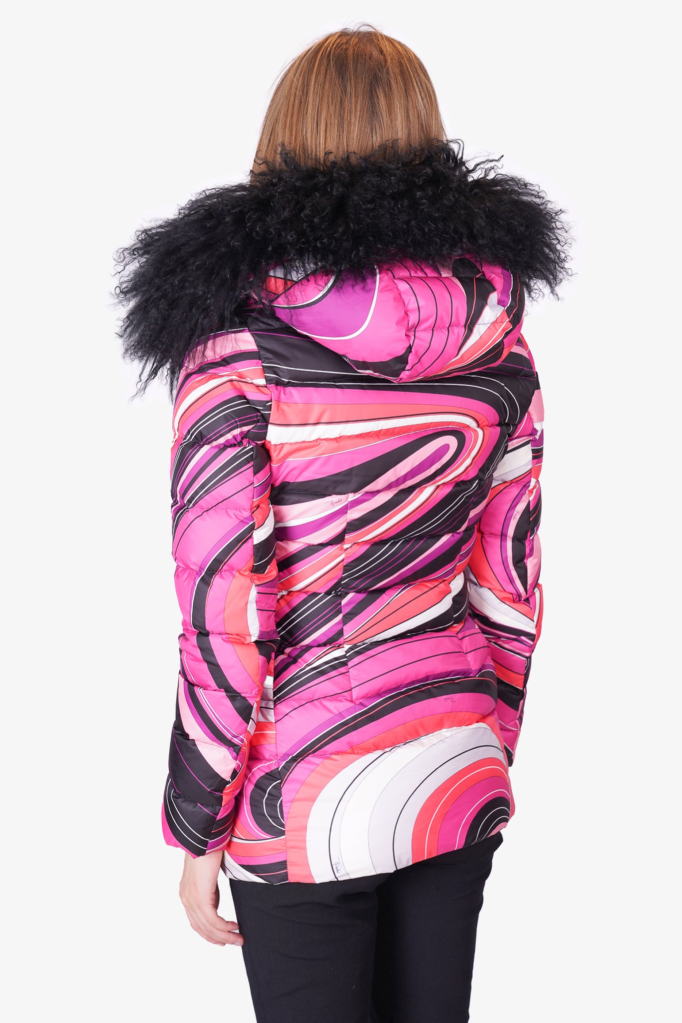 Emilio Pucci Pink/Black Patterned Puffer Jacket with Fur Size 36