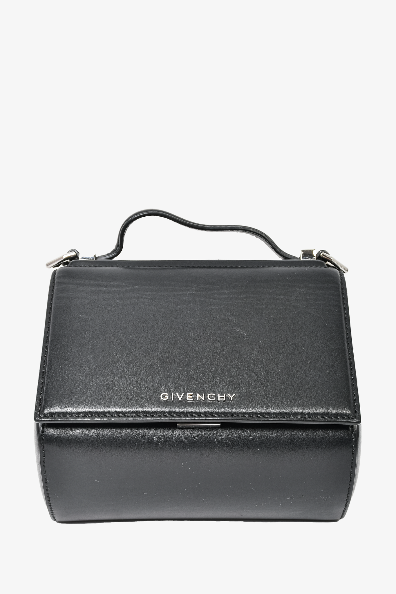 Givenchy Black Leather Mini Pandora Box Bag w/ Logo Canvas Strap