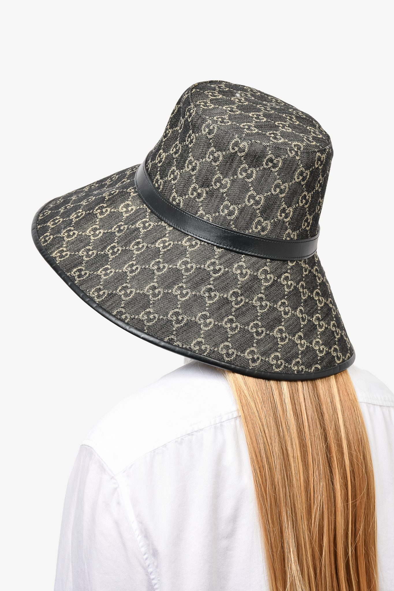 Leather-trimmed canvas-jacquard bucket hat