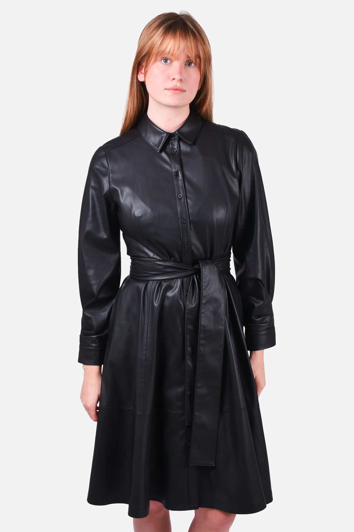 Black leather cheap belted dress