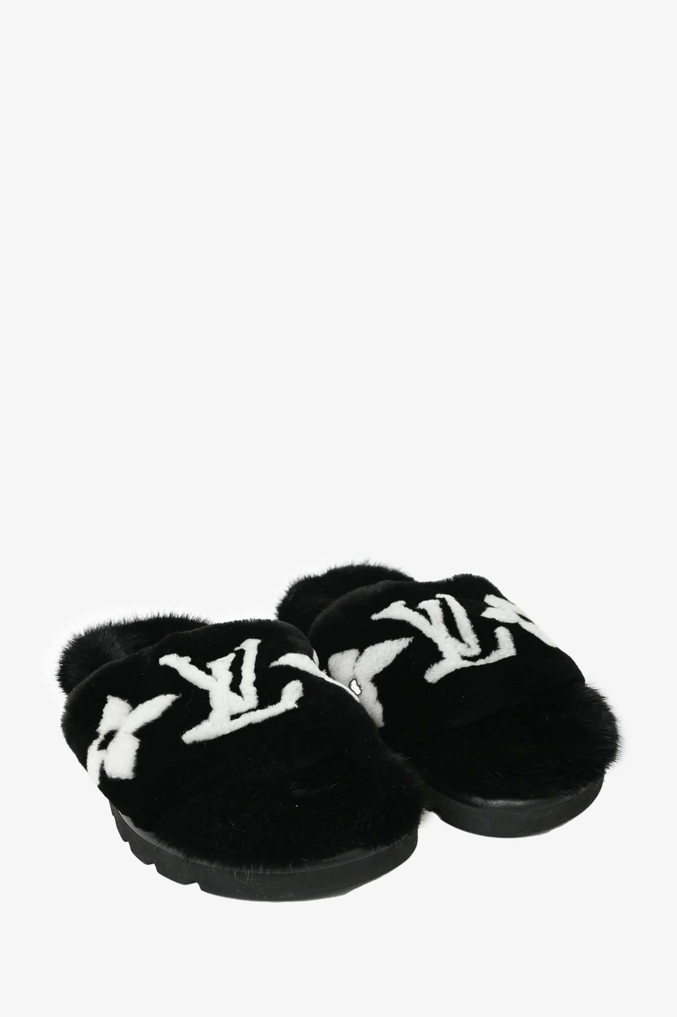 Louis Vuitton Black Fur Monogram Slides Size 38 – Mine & Yours