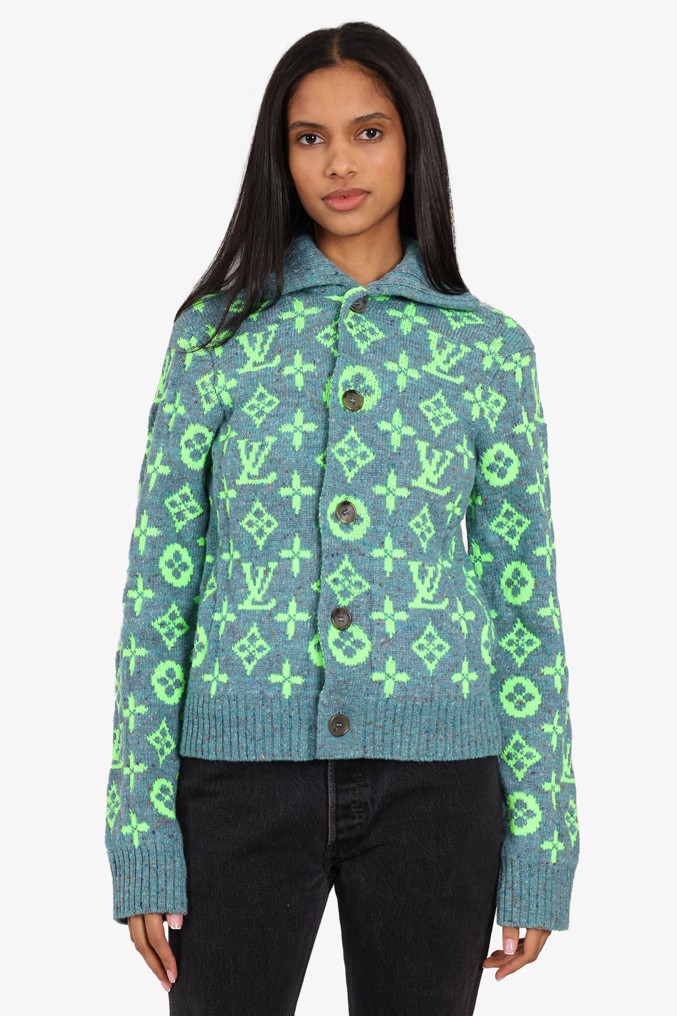 Louis Vuitton Blue Green Wool Logo Print Button Up Sweater Size XS