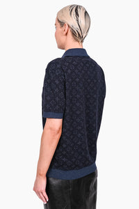 Louis Vuitton Navy Blue Monogram Wool/Silk/Cotton S/S Polo Top sz L Mens