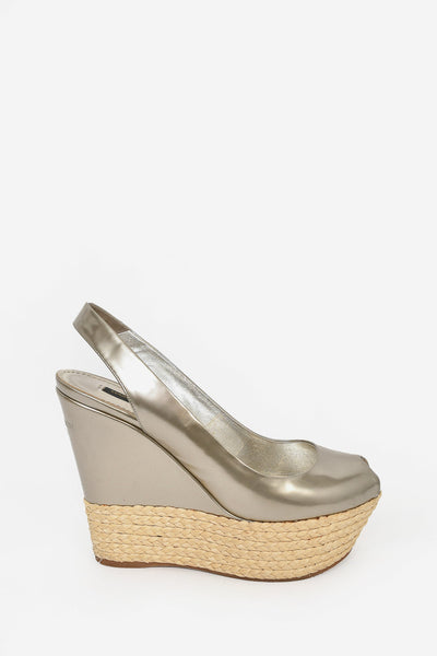 Louis Vuitton Silver Metallic Leather Peep Toe Wedge Espadrilles