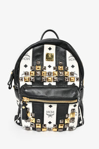 MCM Black White Leather Striped Studded Backpack