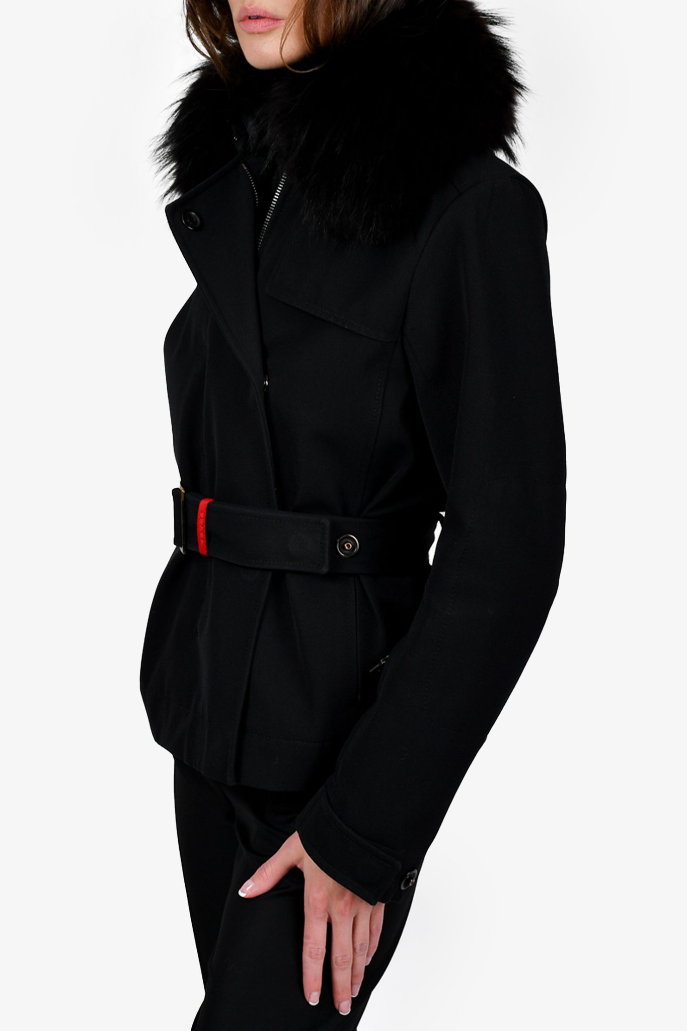 Prada Sport Black Wool Belted Jacket with Fur Hood Size 42