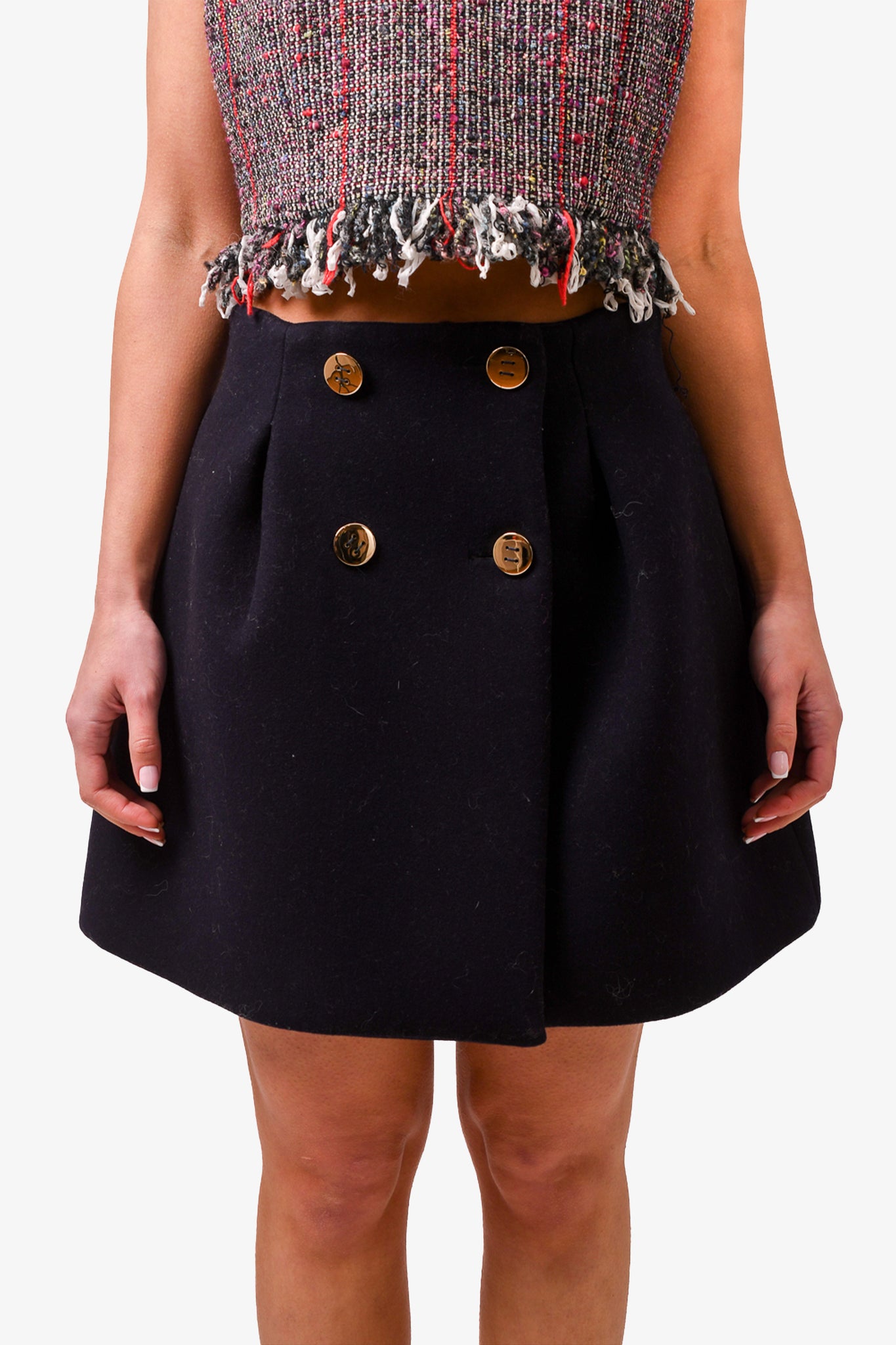 Navy skirt shop with gold buttons