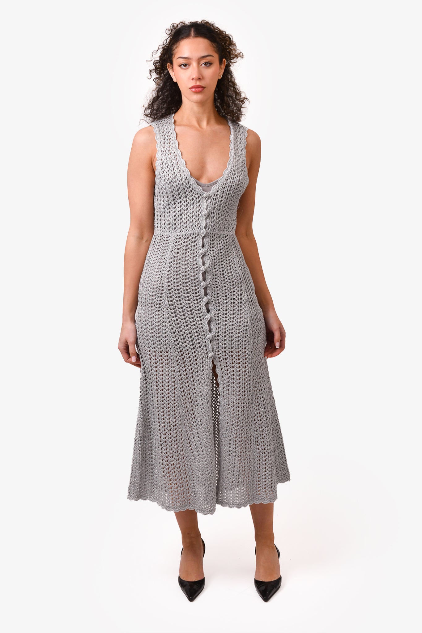 Alice McCall Silver Metallic Knit Button up Dress with Slip Size 4