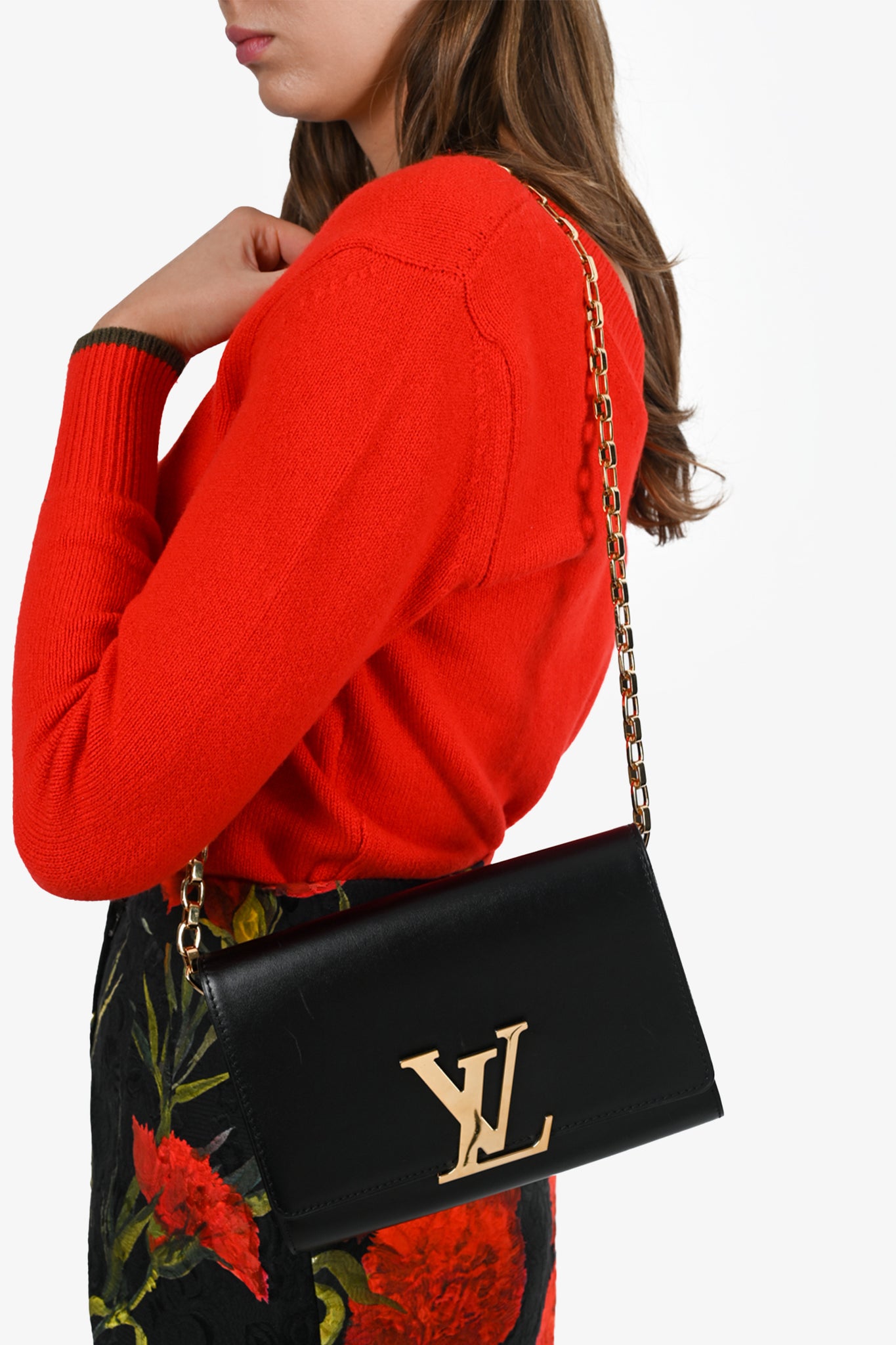 Louis Vuitton Black Smooth Leather 'Louise' Clutch with Gold Chain – Mine &  Yours