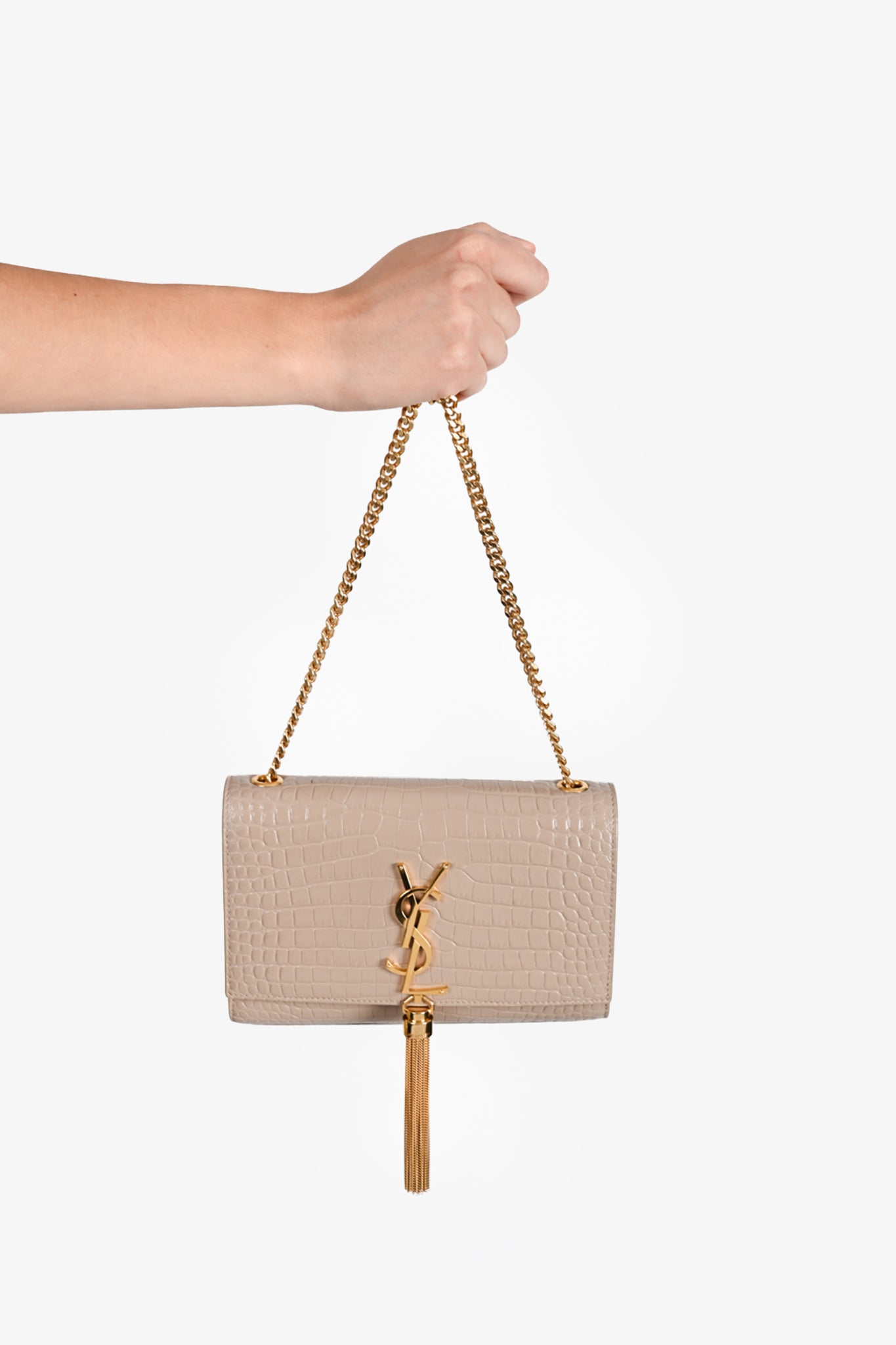 YSL Small Kate Tassel bag in Embossed Dark Beige Leather