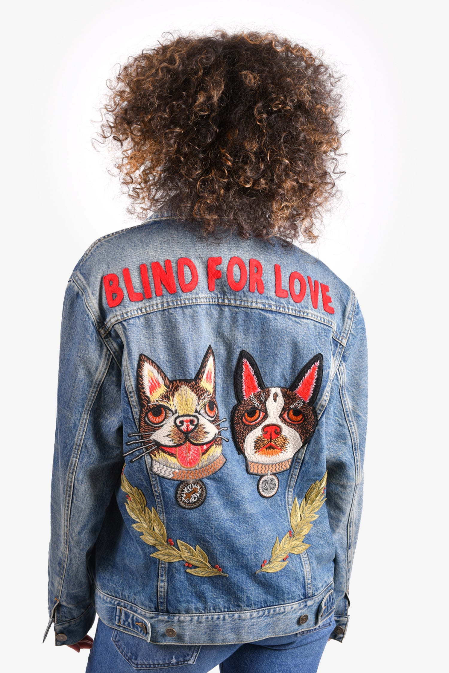 Gucci denim jacket blind for love on sale