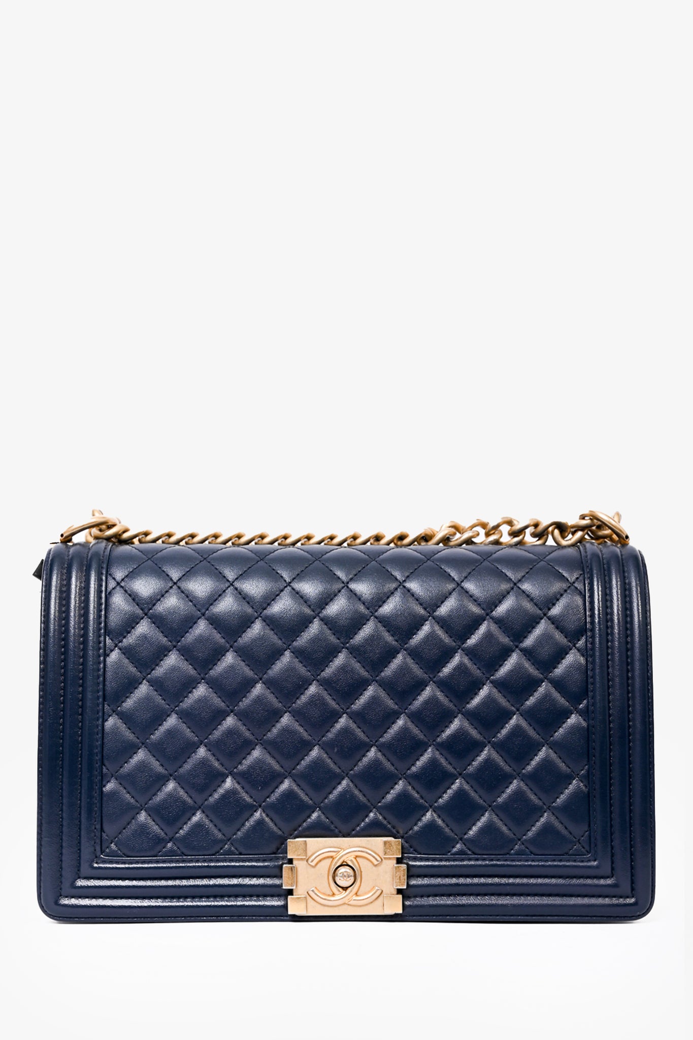 Chanel 2017 18 Navy Blue Quilted Lambskin Leather Large Boy Bag