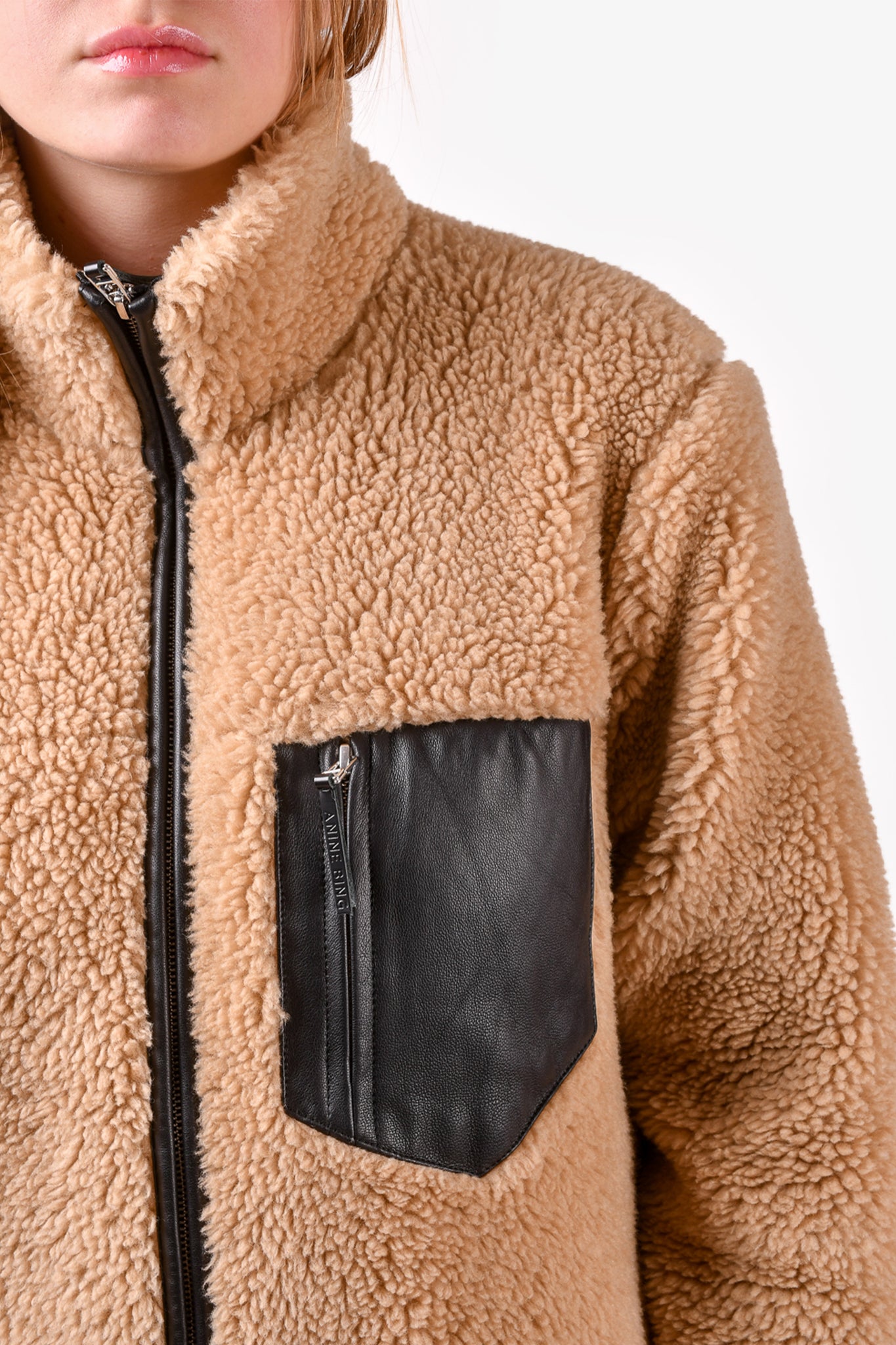 Anine Bing Brown Sherpa Zip Up Ryder Jacket with Faux Leather