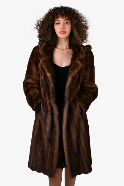Vintage Black Brown Canadian Demi Buff Mink Fur Coat with Hood Size 6 8