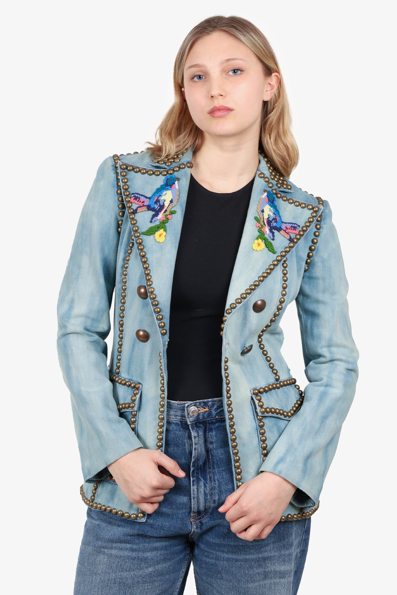 Gucci Blue Acid Washed Bird Embroidered Gold Studded Denim Blazer Size –  Mine & Yours