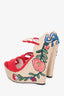 Gucci Red Suede Floral Embroidered Espadrille Wedge Size 39.5