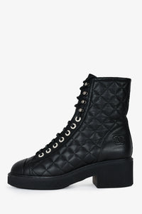 Pre-loved Chanel™ Black Leather Quilted Faux Pearl Embellished Combat –  Mine & Yours
