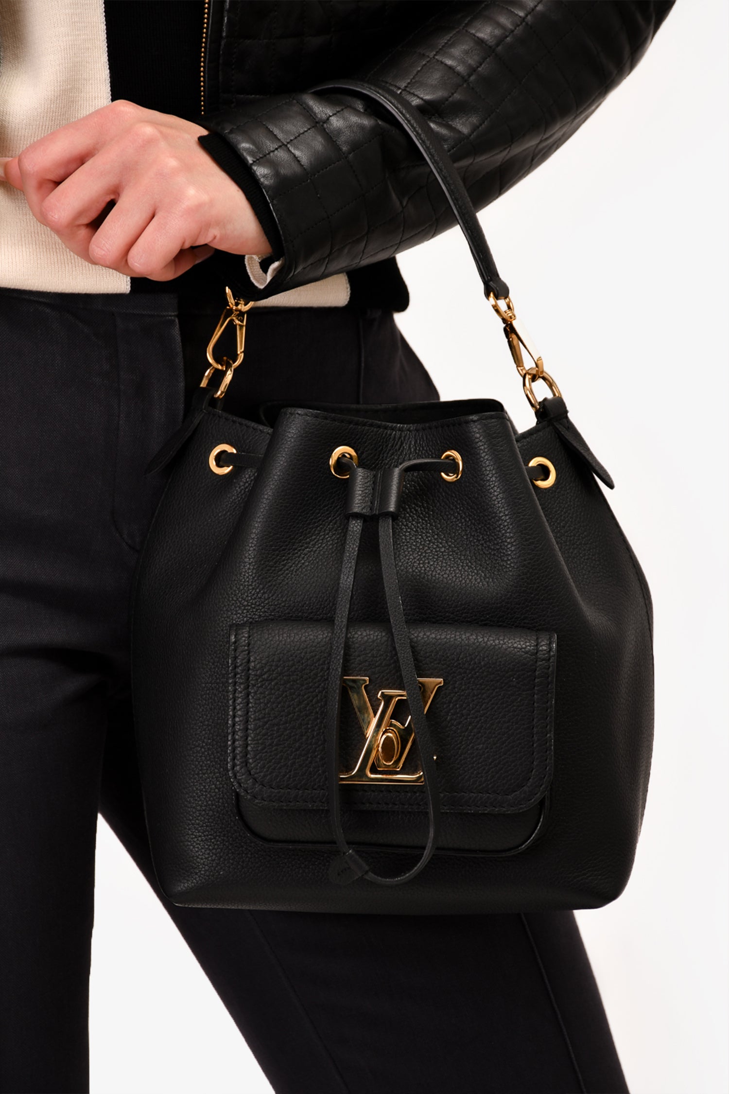 Louis Vuitton Black Leather 'Lock Me' MM Drawstring Bucket Bag