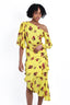 A.L.C. Yellow/Red Floral Printed Silk Asymmetrical Neckline Long-Sleeve Midi Dress Size 0