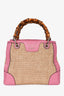 Gucci Pink Leather Trim Raffia Bamboo Top Handle With Strap