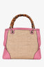 Gucci Pink Leather Trim Raffia Bamboo Top Handle With Strap