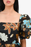 Stine Goya Black/Brown/Blue Floral Applique Organza 'Irene' Puff Sleeve Top Size M