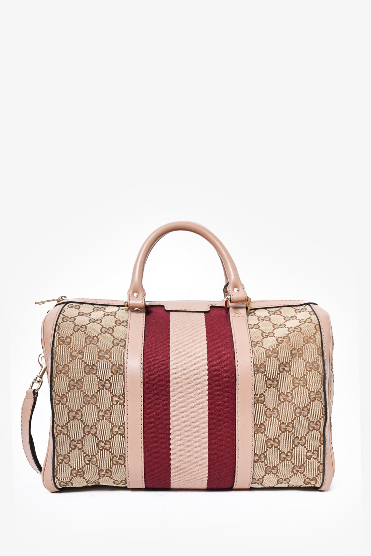 Gucci Brown GG Canvas Pink Striped Boston Bag with Strap