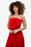 Marchesa Notte Red Pleated Flower Strapless Gown Size L