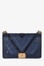 Pre-Loved Chanel™ 2016-7 Navy/Black Leather Chevron Quilted Large Boy Bag