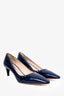 Prada Navy Blue Patent Leather Topstitch Detail Pointed Heels Size 37