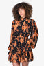 Hemant & Nandita Black/Orange Floral Print Mock Neck 'Alia' Mini Dress Size M