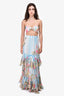 Rococo Sand Blue & White Striped & Tropical Print Tiered Maxi 'Lily' Skirt + Bandeau Top Set Size S