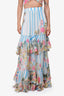 Rococo Sand Blue & White Striped & Tropical Print Tiered Maxi 'Lily' Skirt + Bandeau Top Set Size S