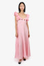 Fann Mon Pink Linen Rose Embroidery Ruffle Sleeve Maxi Dress Size S